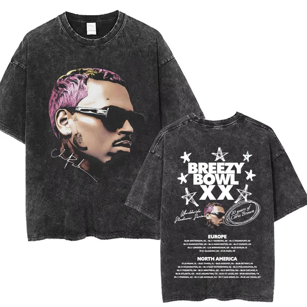 Washed Chris Brown Music Album Cover Print Tshirt Breezy Bowl XX Tour Merch T Shirts Men Women Hip Hop High Quality Tshirt