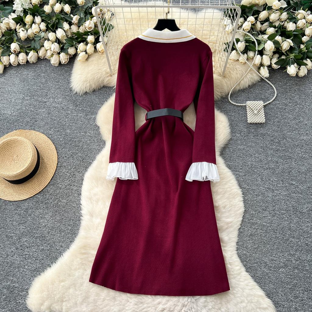 Autumn Winter Women Elegant Turn-down Collar Double Breasted Knitted Sweater Office Work Long Midi Dresses with Belt