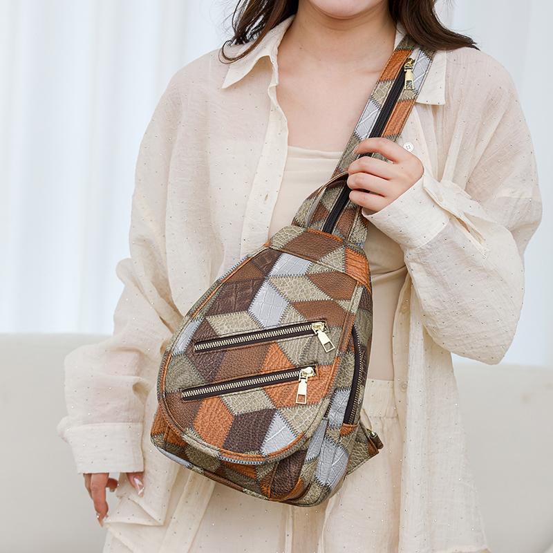 Нагрудная сумка с цветными блоками, женский рюкзак из мягкой кожи, уличный дорожный рюкзак с двойной молнией