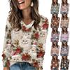 Women's Fashionable Loose-Fit V-Neck Long-Sleeved T-Shirt Christmas Print Pullover