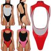 Womens Glossy Pu Leather Bodysuit Mock Neck Metal D Ring Open Front Backless High Cut Leotard