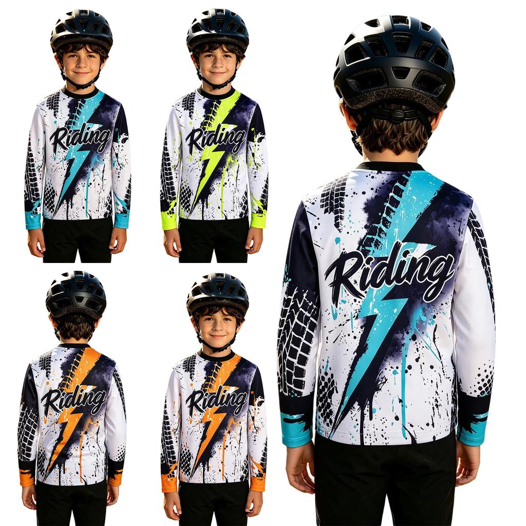 Boys Motocross Shirt Off Road Motorcycle Moisture Wicking Top Long Sleeve Letter Print Color Blocked T-Shirt