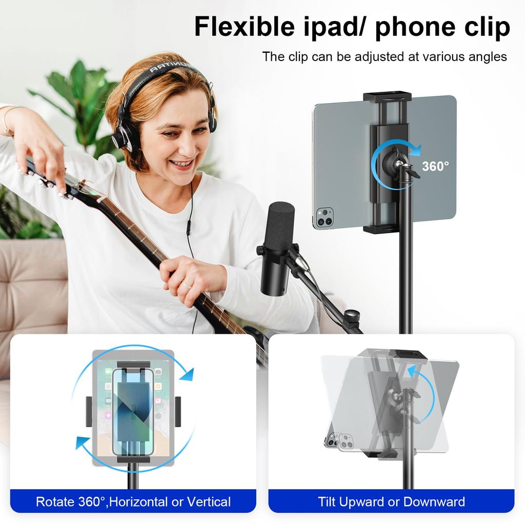 Aokeo Boom Microphone Stand Floor Tripod 42-68 Inches Portable Tablet Holder Supports Any Microphone