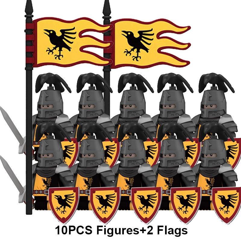 Европейские средневековые военные фигурки рыцарей и солдат, строительные блоки, флаги крестоносцев, оружие, щит, меч, шлем, игрушки в сборе