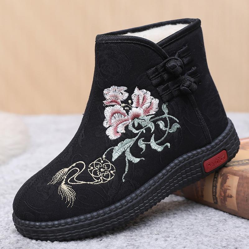 Winter Old Beijing Cloth Shoes Women's Cotton Shoes Ethnic Style Short Boots Velvet Warm Mother Shoes Chinese Style Embroidered Women's Cotton Boots