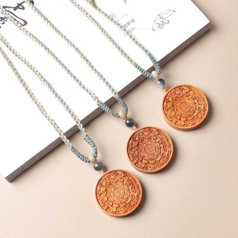 Jujube Wood Carved Mountain Ghost Necklace with Bagua Buckle and Seven Star Coin Pendant