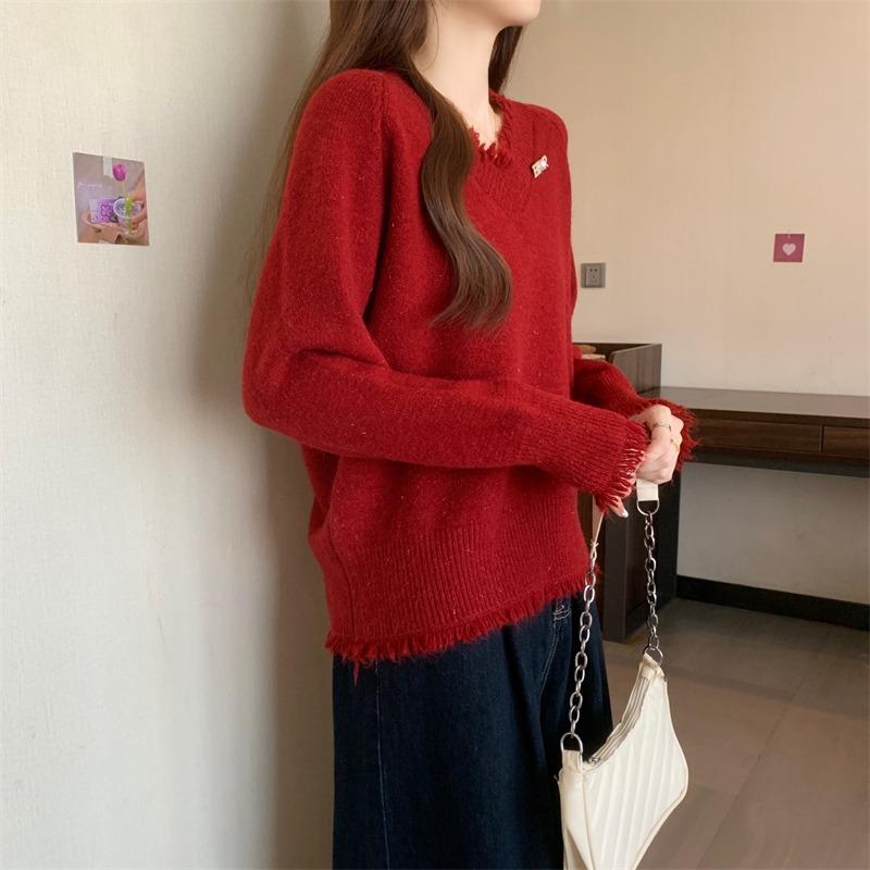 Fashion Sweet Tassel V-neck Red Pullover Sweater Women Autumn and Winter New Thick Warm Knitted Sweaters Women Elegant Solid Casual Jumpers Tops 25841