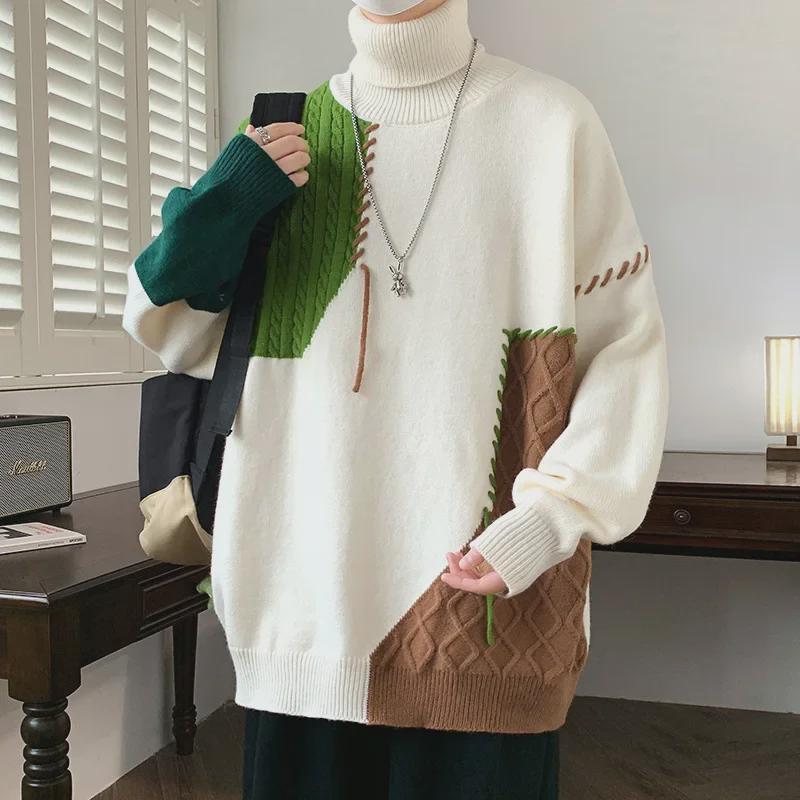 Men's Warm Knitted Winter Turtleneck Sweater - Contrast Design, Long Sleeve