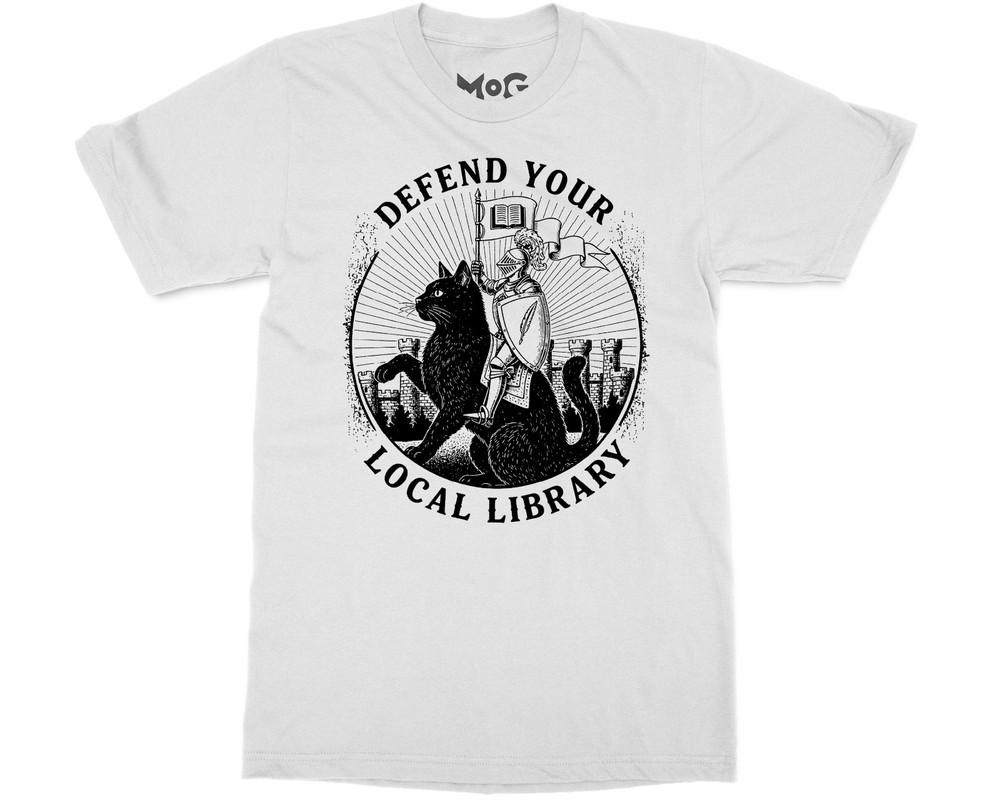 Funny Book Lover TShirt Defend Your Local Library Knight Cat Bookish Gift Shirt