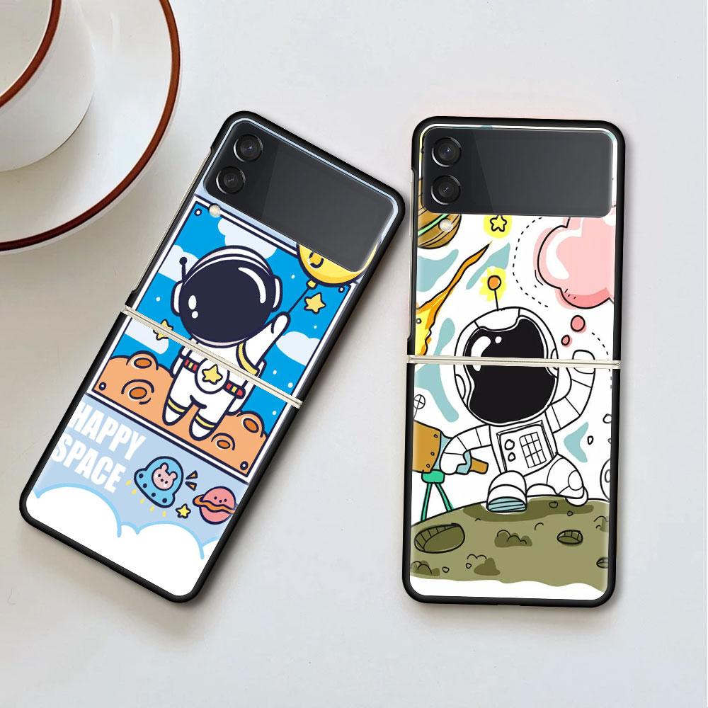 Роскошный чехол для Samsung Galaxy Z Flip 4 3 5G, черный ПК, жесткие чехлы для телефонов, модная задняя крышка ZFlip Funda, мультяшный крутой мешок астронавта