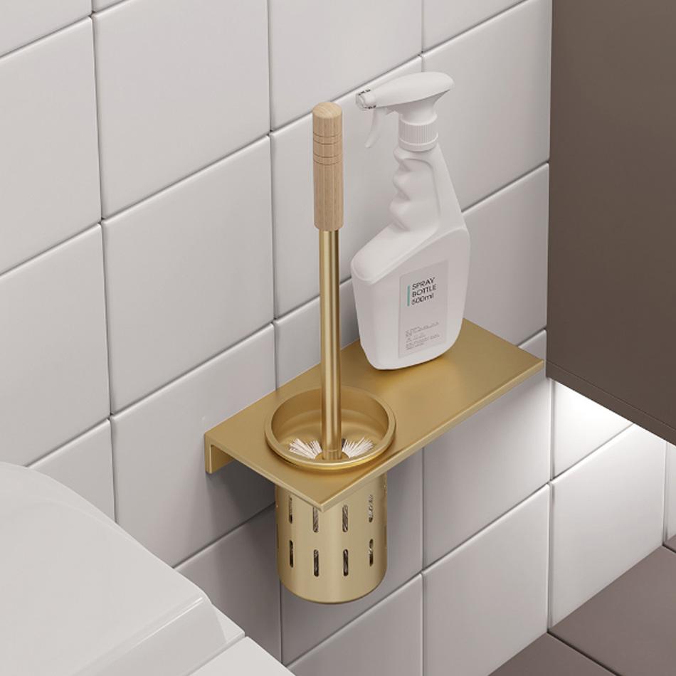 Walnut Toilet Brush Holder Set Wood Handle Wall Mounted Grey Gold Black White Aluminum Cup WC Brush Rack Kit with Storage Shelf