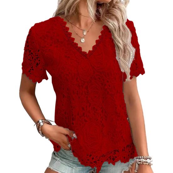 Women T-shirt V-neck Short Sleeve Casual Tee Shirt Hollow Embroidery Lace Pullover Tops Streetwear