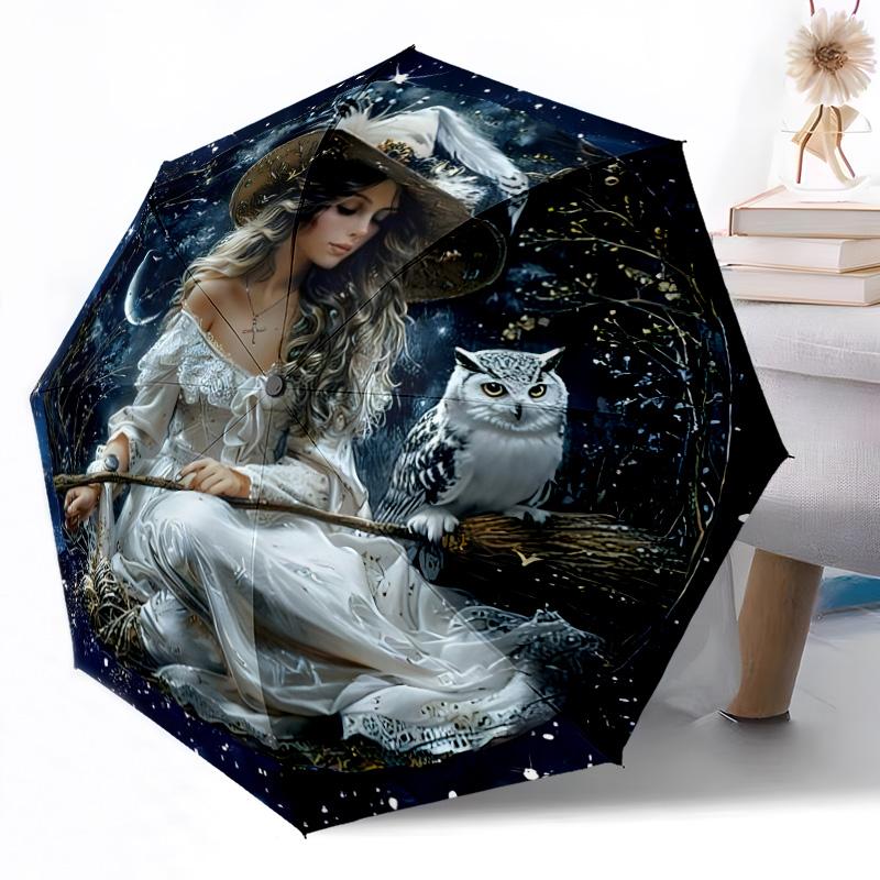 Witch On Broomstick At Night Portable Automatic Umbrella Folding Umbrella with 8 Ribs Durable Plastic & Iron for Women/Men Elegant Women's Umbrella