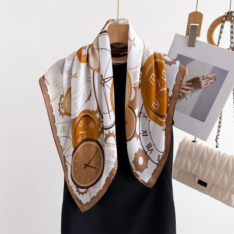 Clock Print Square Scarf Women‘s Print Scarf Luxury Imitation Silk Neckerchief Bandanas Foulard Hairbands Wraps For Travel Beach