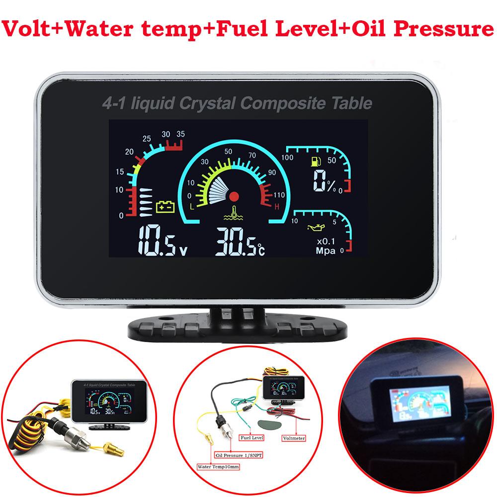 LCD Car Truck Digital Gauge 4 IN 1 Oil Pressure Gauge Water Temp Meter Voltmeter Fuel Level 0-190 ohm Fuel Level Sensor 12V/24V