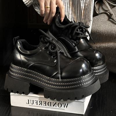 Модные туфли на толстой подошве из маленькой кожи, женские лоферы в британском стиле с круглым носком на шнуровке, повседневные, с небольшой высотой, увеличивающие рост
