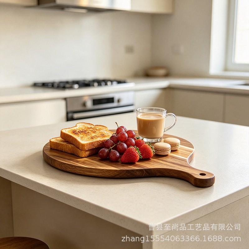 Acacia Wood Cutting Board With Handle Round Kitchen Chopping Cheese Bread Pizza Steak Serving Tray