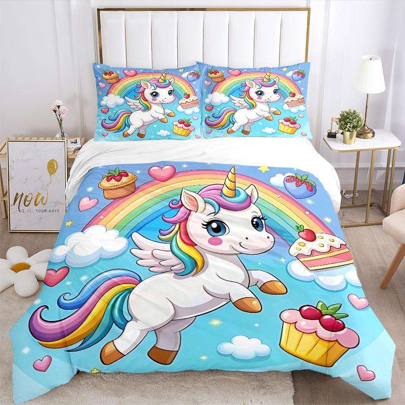 Rainbow Unicorn Fantasy Print 3Pcs Bedding Setduvet Cover With 2 Bedropillowcase Home Birthday Gift
