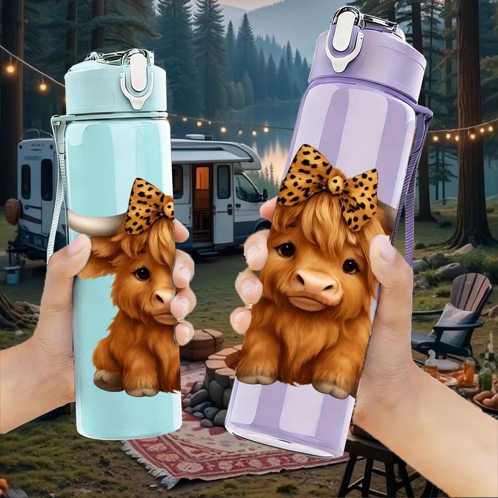 1PC Highland Cow Head Watercolor 750ml Color Plastic Sports Water Bottle Leakproof Flip Straw Lid For Sports Office Home Use
