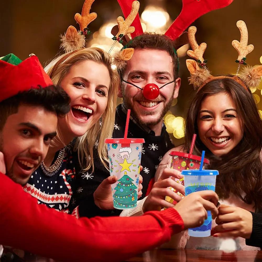 2Pcs Christmas Color Changing Mugs Large Capacity Father Christmas Straw Cups Reusable Drinkware for Home Party Holiday Gift