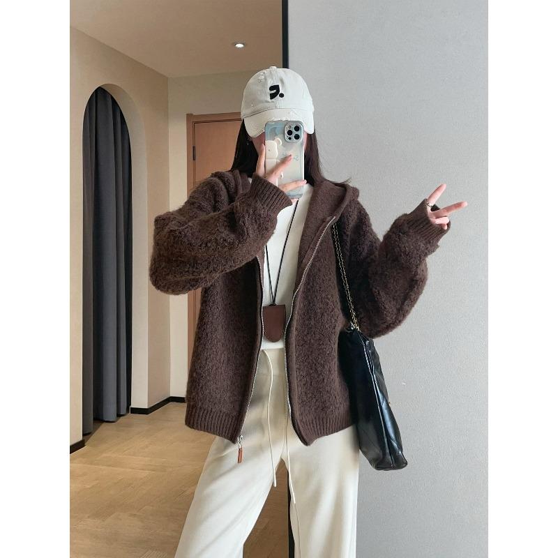 Warm atmosphere, loose and thin hooded hairy zipper jacket for women, new in autumn and winter
