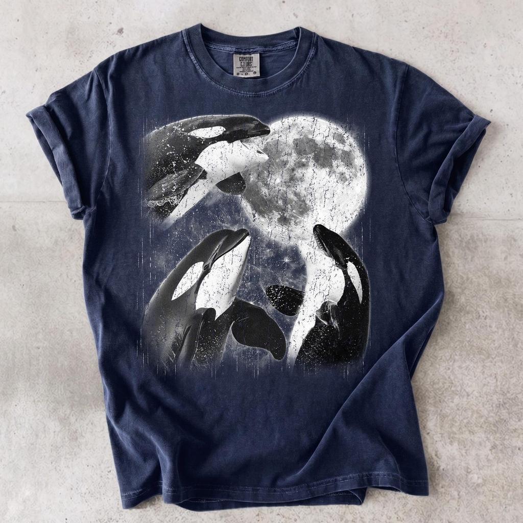 Distressed Orca Full Moon Graphic Tee, Vintage Ocean Life Top