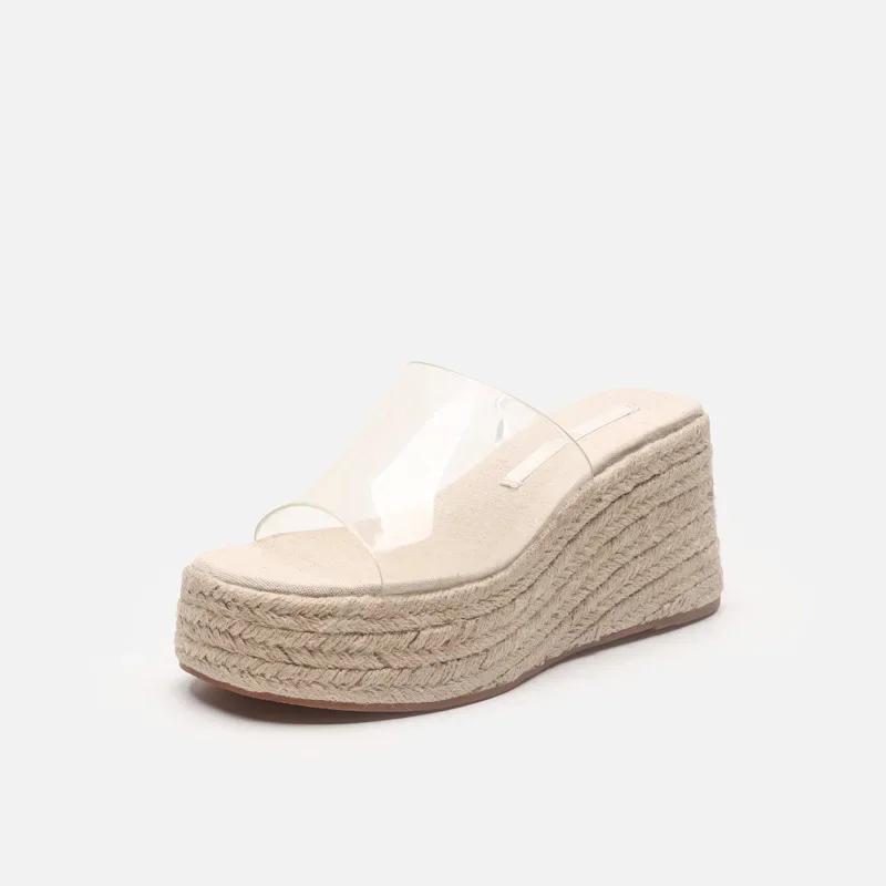 Босоножки на танкетке женские летние прозрачные тапочки на покатом каблуке для женщин уличные тапочки на платформе женская обувь больших размеров 44