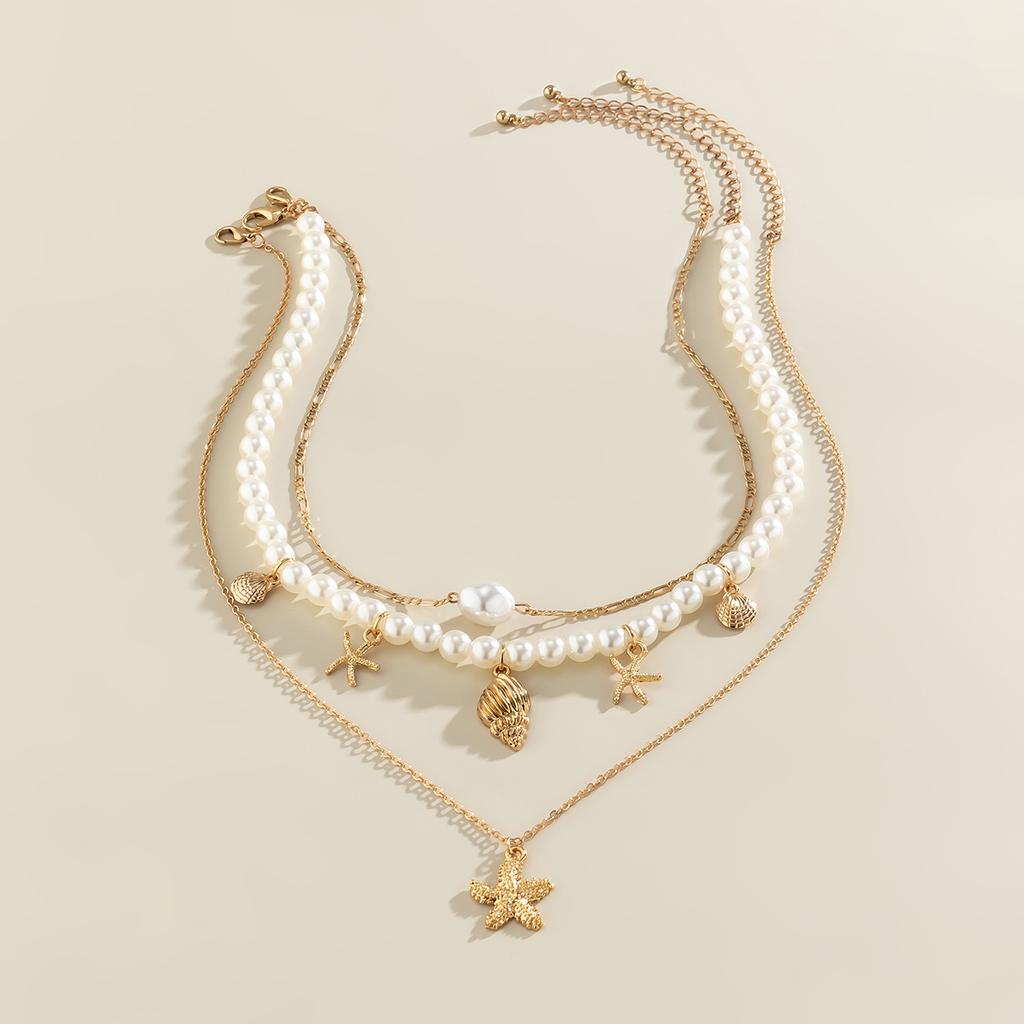 Ocean Starfish Shells Pendant Mulitlayer Choker Necklace For Women Imitation Pearl Party Jewelry Accessories