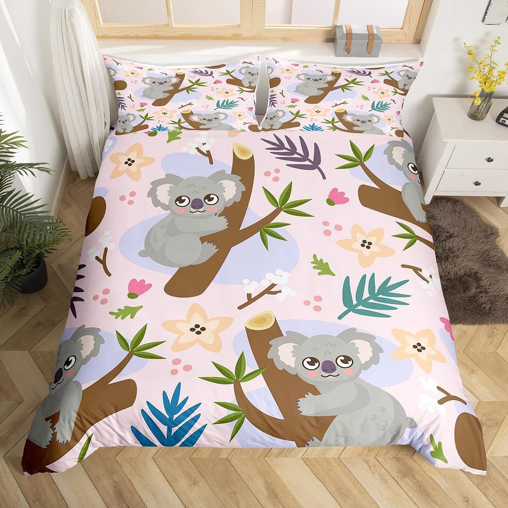 Koala Duvet Cover Set Blooming Floral Branch Bear Comforter Palm Tree Leaf Wildlife Cartoon Polyester Quilt