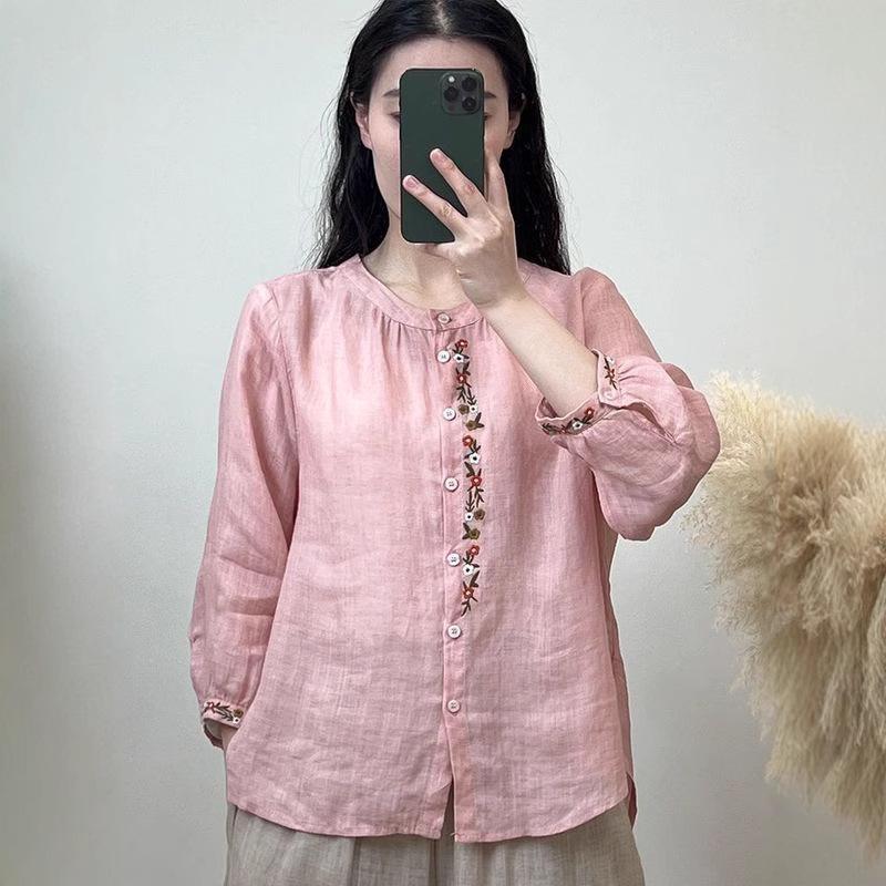 Women's Summer Cotton Linen Embroidered Top - Retro National Style, Light & Versatile