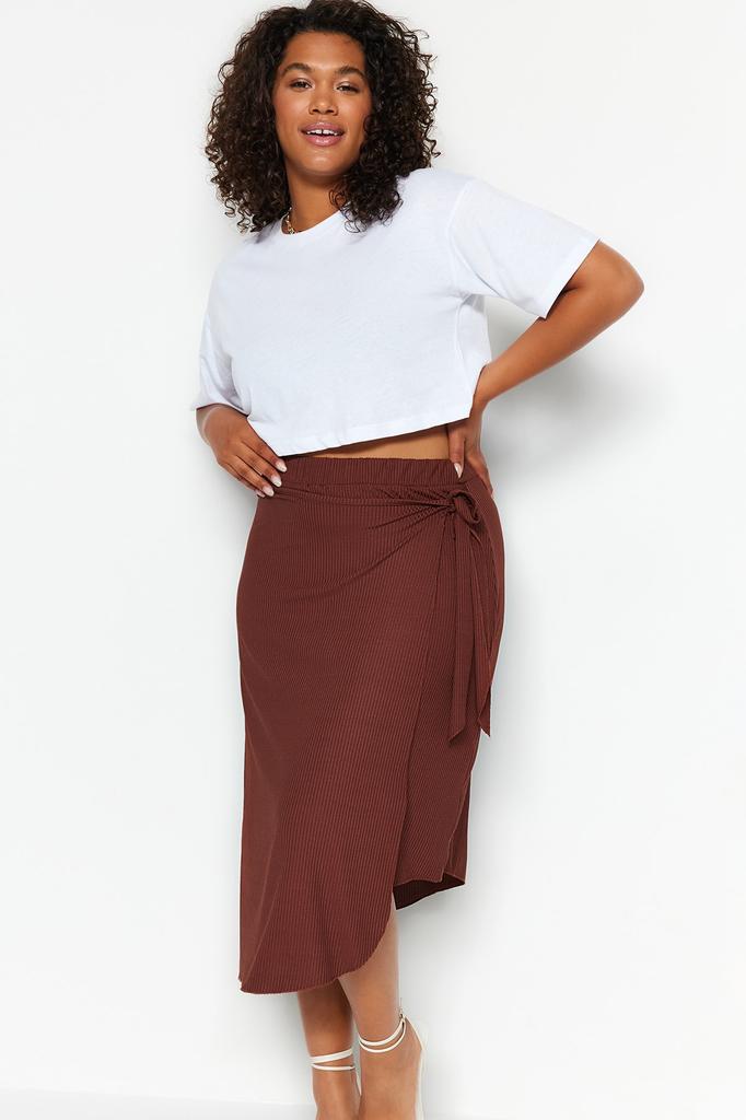 Женская модная коричневая трикотажная юбка большого размера больших размеров с разрезом