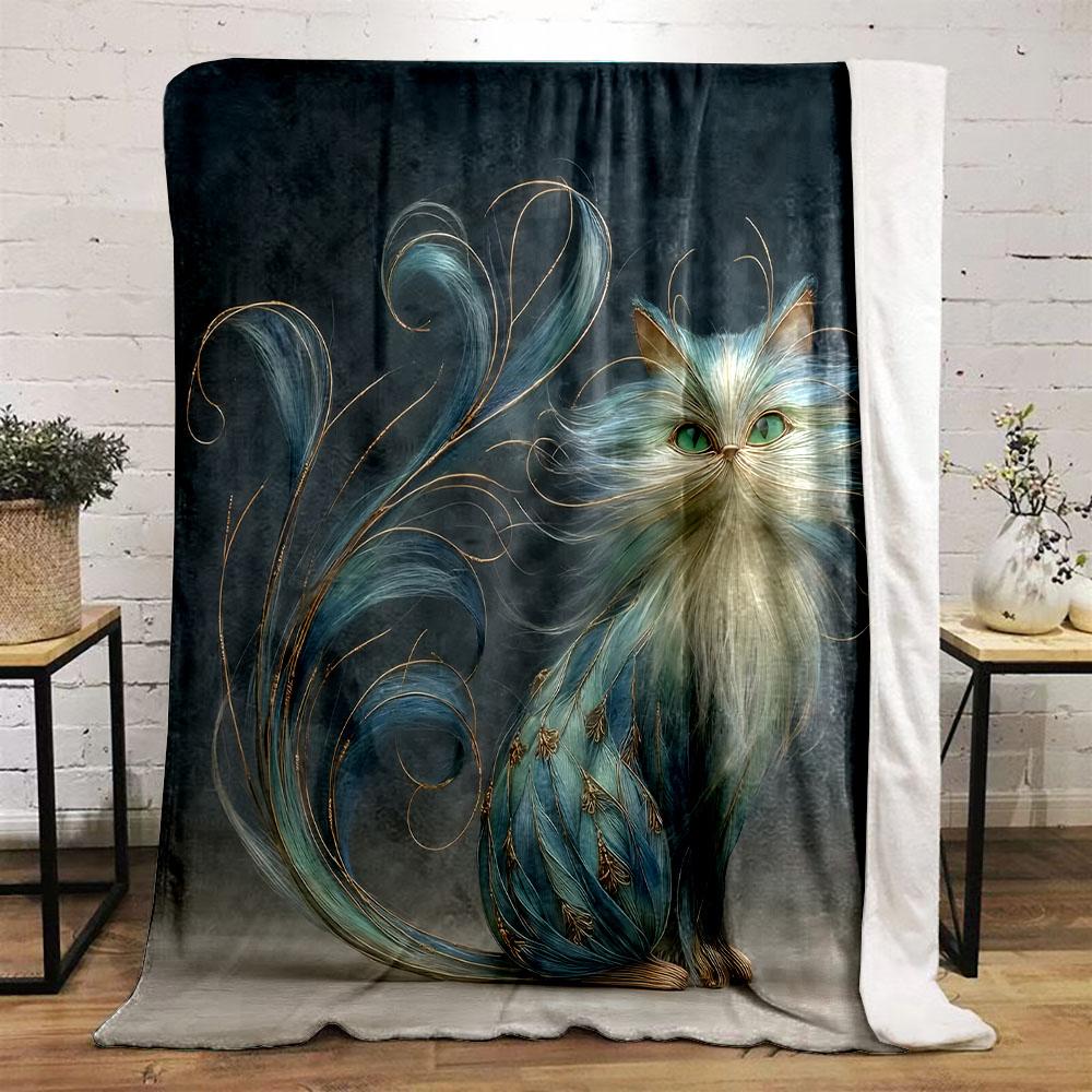 Elegant Blue Fantasy Cat Design Patterned flannel blanket perfect for the bedroom living room, sofa, or a little nap