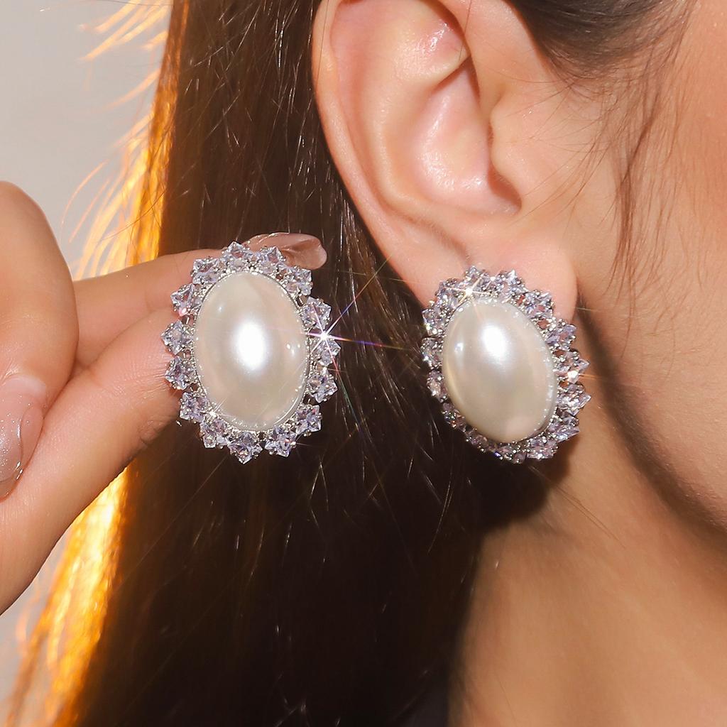 Корейские простые и универсальные геометрические овальные серьги-пусеты с полным бриллиантом и жемчугом, женственные, темпераментные, блестящие, с кристаллами, ювелирные украшения для ушей