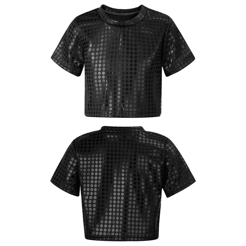 Jazz Dance Costumes Kids Boys Girls Shiny Sequins Short Sleeve Solid Color T-shirt Crop Tops Street Dance Stage Performance Wear