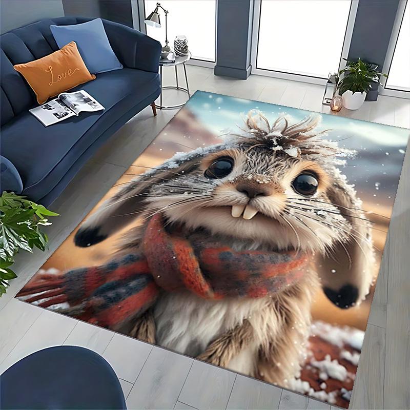 1pc Anime Rabbit Chair Mat with Plaid Scarf Design - Winter Wonderland Office Rug for Desk, Anti-Slip Carpet Suitable for Home Decor, Living Room, Bed