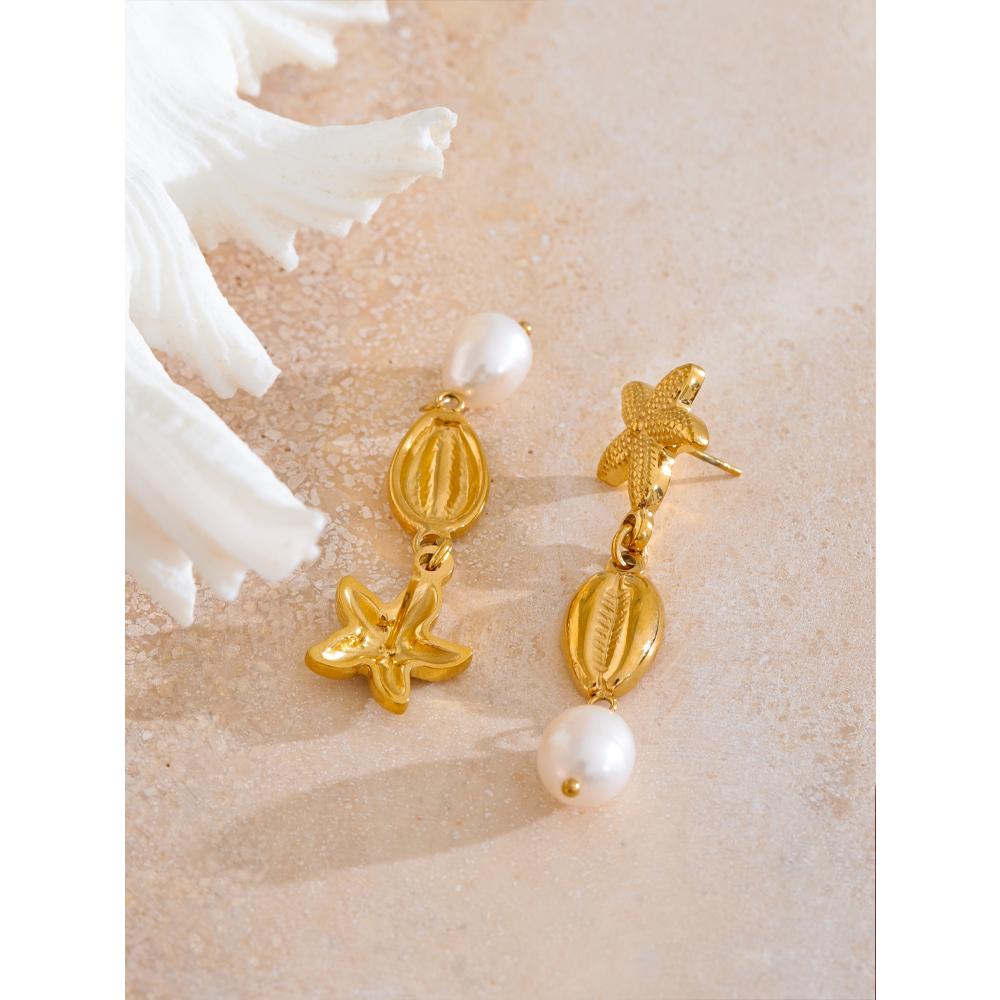 Yhpup Starfish Shell Drop Natural Freshwater Pearl Earrings Summer Stainless Steel Charm Daily Jewelry Wholesale Gift