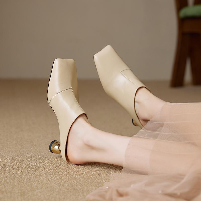 Мода 2025 Женская обувь Новые летние ретро квадратный носок натуральная кожа овчина баотоу высокий каблук большие мюли полушлепанцы каблуки женские