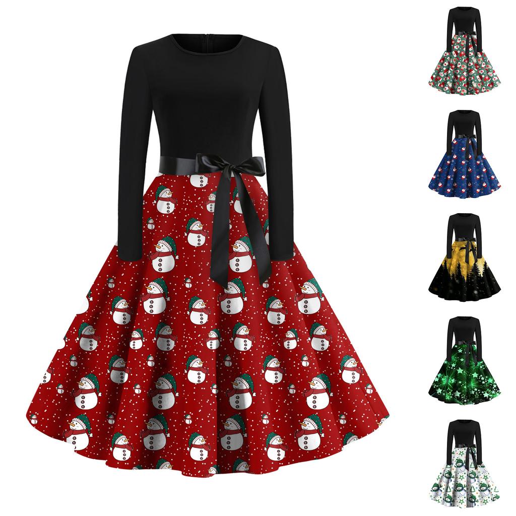 Женское рождественское платье с расклешенным принтом и длинным рукавом с круглым вырезом, вечерние повседневные платья