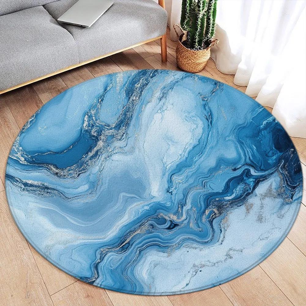 Абстрактный Мраморный Круглый Ковер – Дизайн Зеленые Чернила и Золотая Линия – Современный Роскошный Ковер для Гостиной или Спальни, Мягкий Напольный Коврик