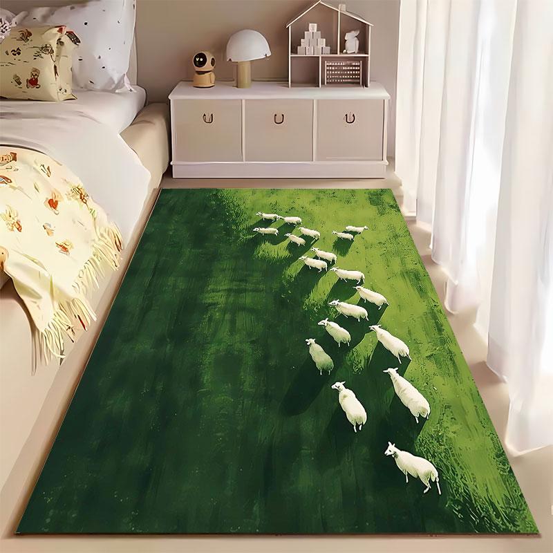 White Sheep on Green Field Carpet suitable as a non-slip mat for the living room or bedroom sofa