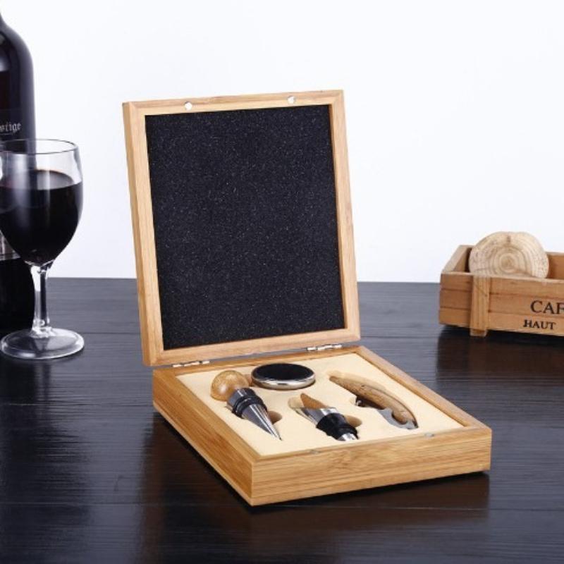 Luxury Bamboo Wine Bottle Opener Set with Stainless Steel Accessories - 4-Piece Home Kitchen Decor Gift for Wine Lovers