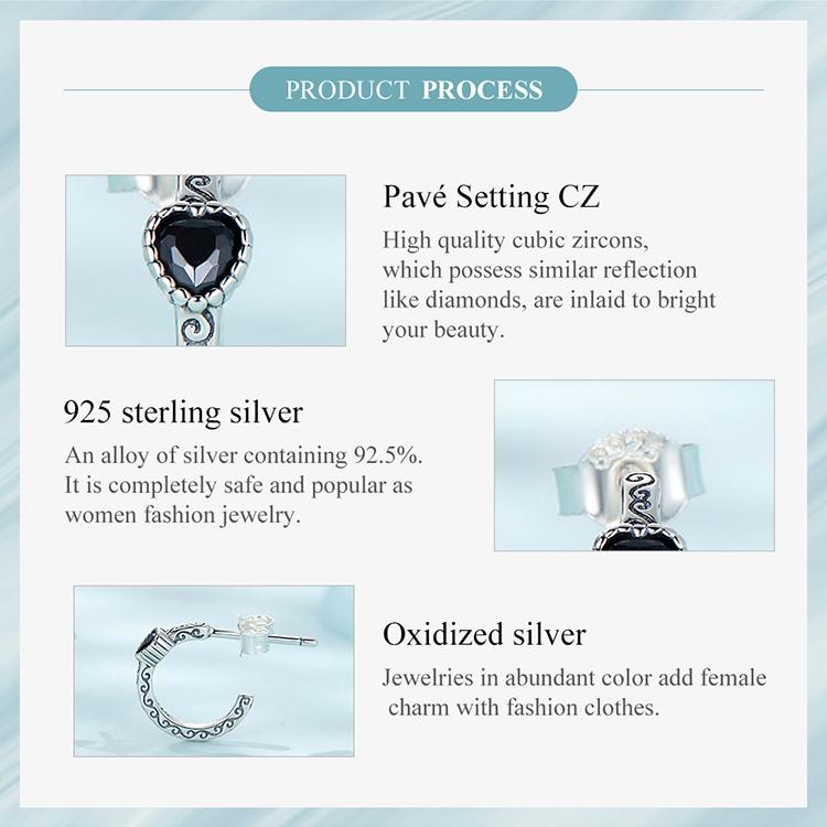 Bisaer Винтажные серьги из стерлингового серебра 925 пробы с черным цирконом в форме сердца для женщин, подарок на день рождения, изысканные ювелирные изделия