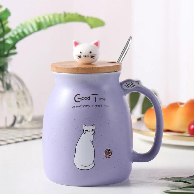 Coffee Mug With Lid Cat Style Ceramic Coffee Cup with Spoon Cute Kawaii Large Capacity Milk Tea Mug with Handle Birthday Gift