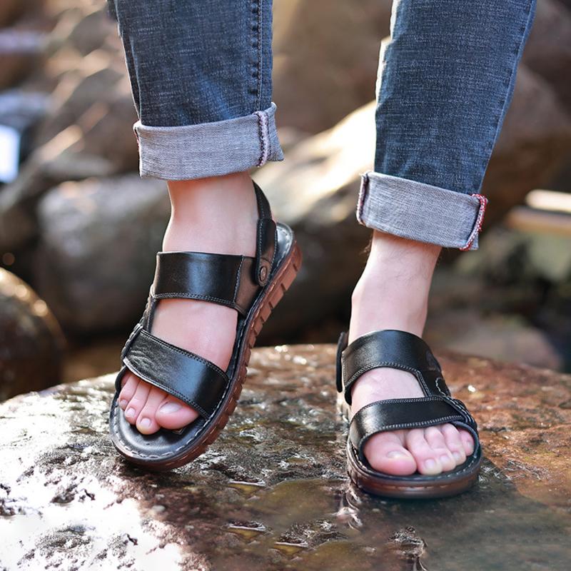 Summer Genuine Leather Men's Sandals Non-slip Thick Bottom Soft Breathable Beach Shoes Two-wear Outdoor Sports Leisure Sandals