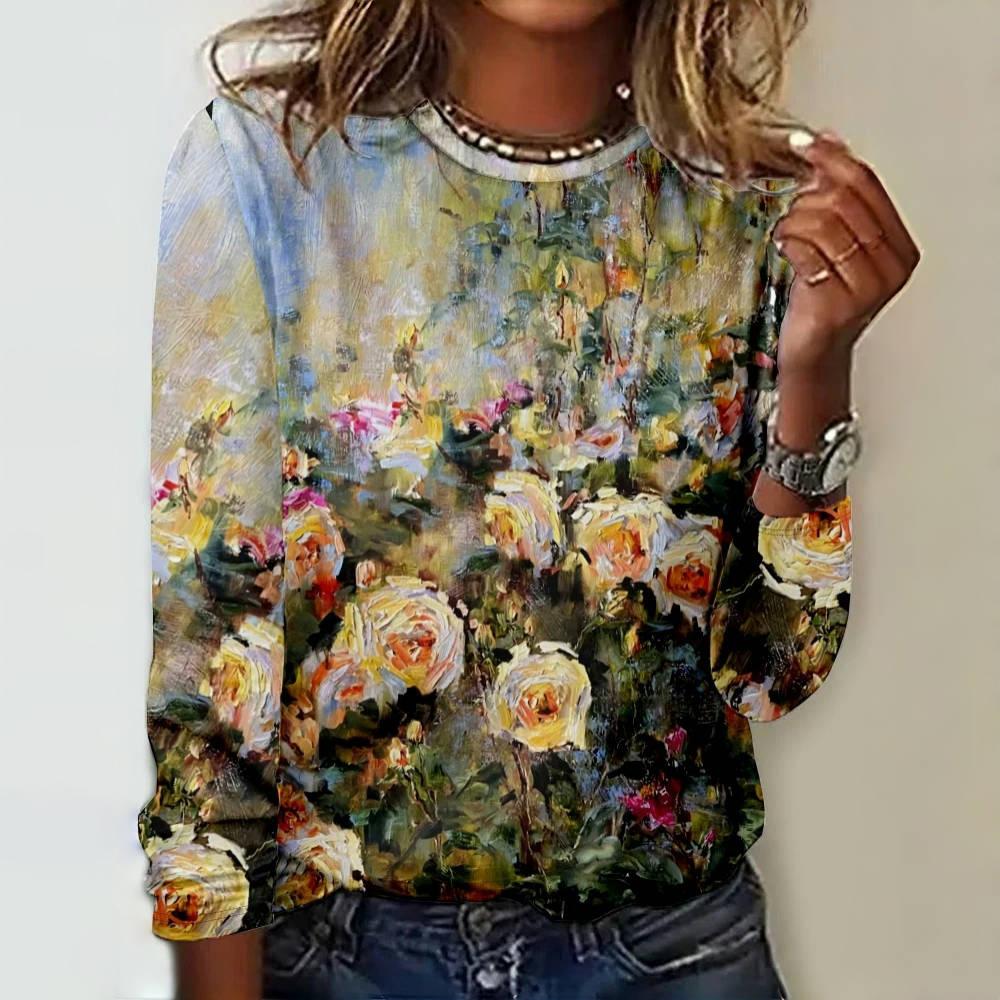 Летние новые женские футболки, модные масляные картины, цветочный принт, длинные рукава, футболка, повседневная женская одежда с круглым вырезом, уличный стиль, топы