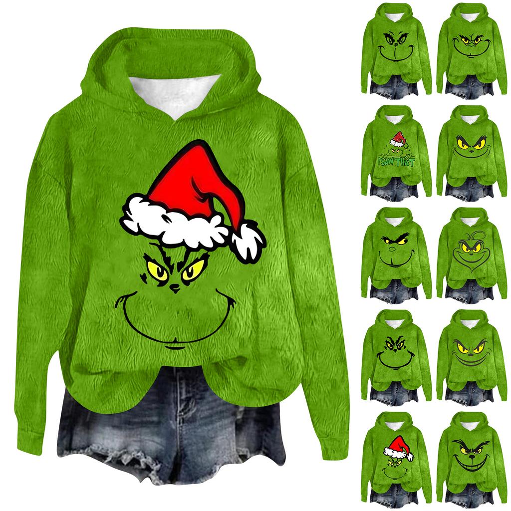 Women's Hooded Long Sleeve Christmas Printed Flannel Top Hooded Sweatshirt