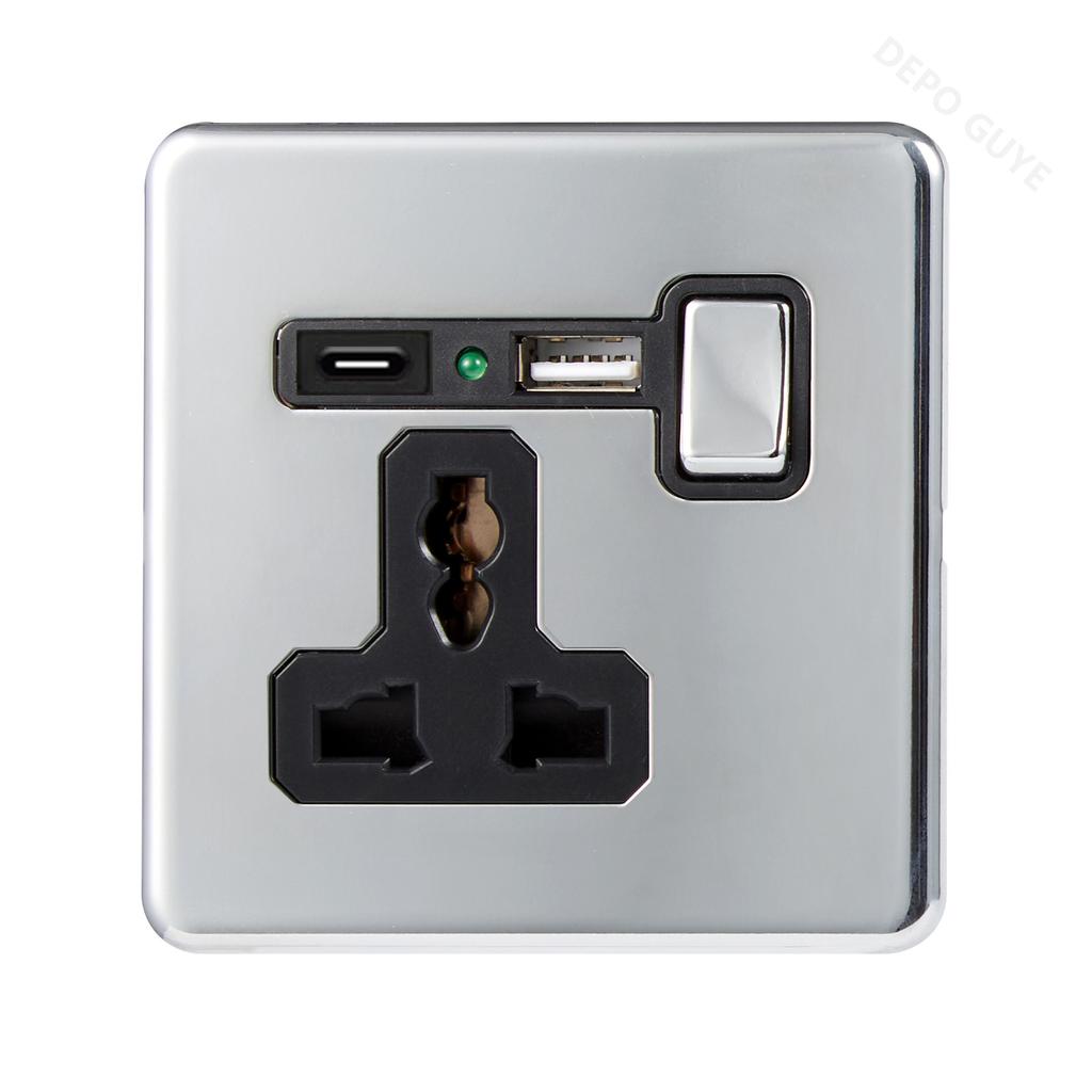 Wall Light Toggle Retro Switch Panel 1-4 Gang2Way Eu Silver Gray Brushed Stainless Steel Antique Switch Outlet with USB Charging