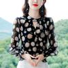 Fashion Print Chiffon Shirt Women's Long Sleeve Floral Top Summer Autumn New Round Collar Loose Wave Point Bottoming Blouse