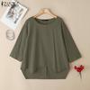 Women Casual Round Neck Loose 3/4 Sleeve Blouse