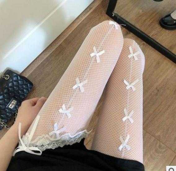Черные шелковые сетчатые чулки с бантом и кружевом - сексуальные колготки в японском стиле